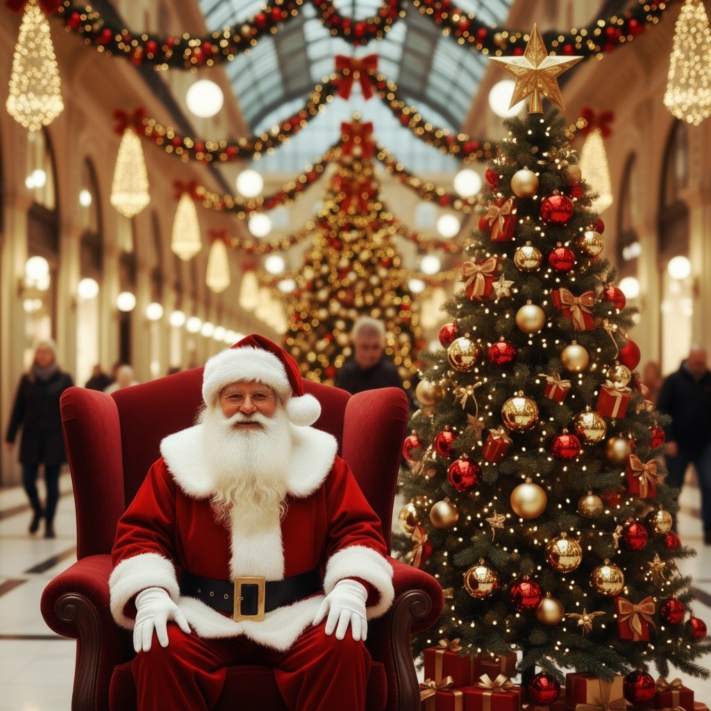Ursanta in a festive mall with Christmas trees